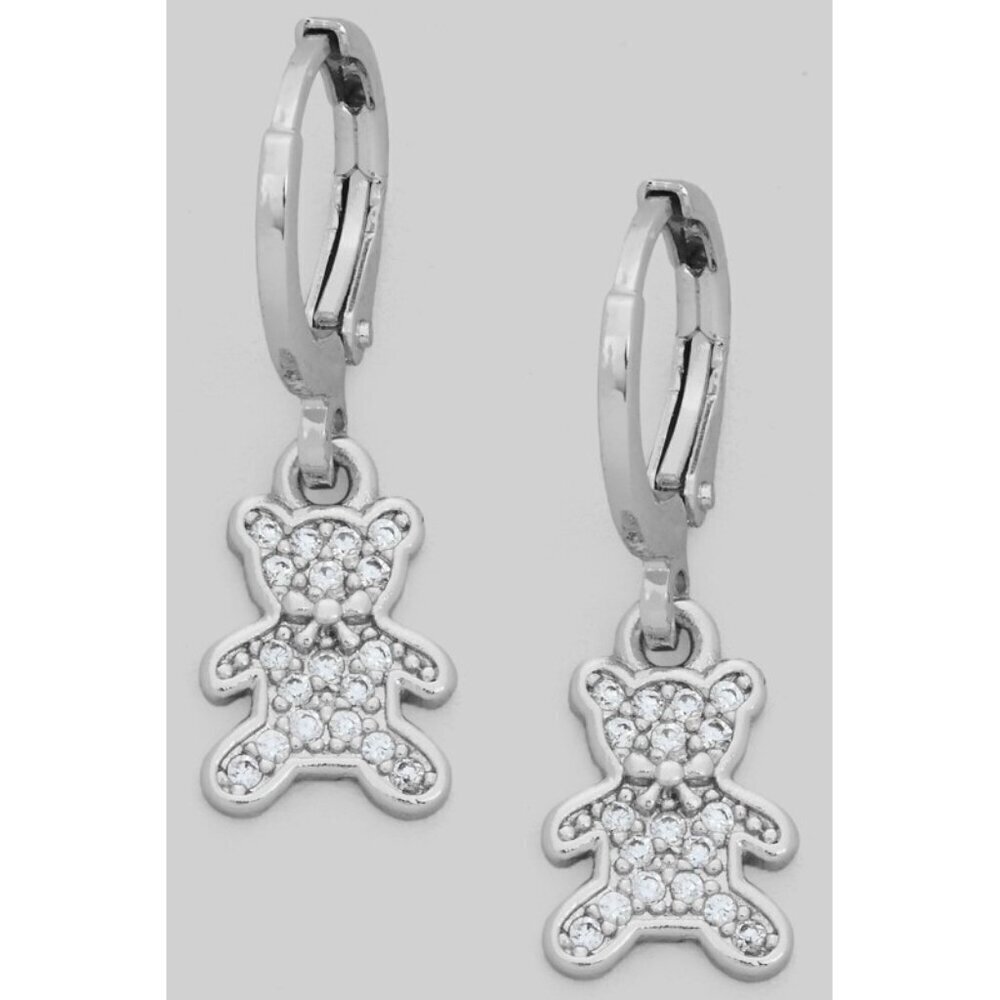 TEDDY BEAR SILVER HUGGIE HOOP EARRINGS
